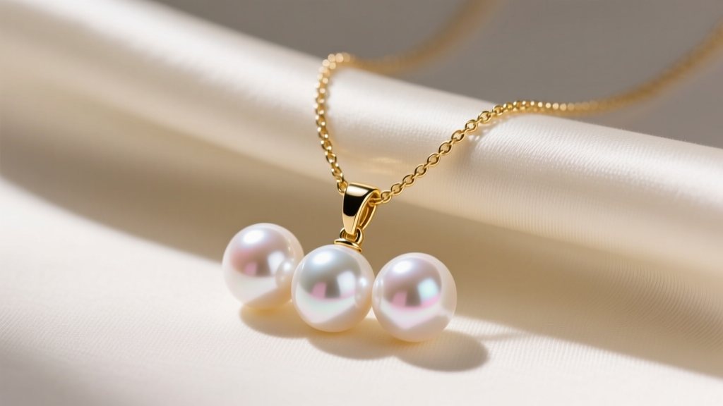 Triple freshwater pearl drop necklace with 18k gold vermeil chain resting on cream silk fabric, studio lighting, macro detail