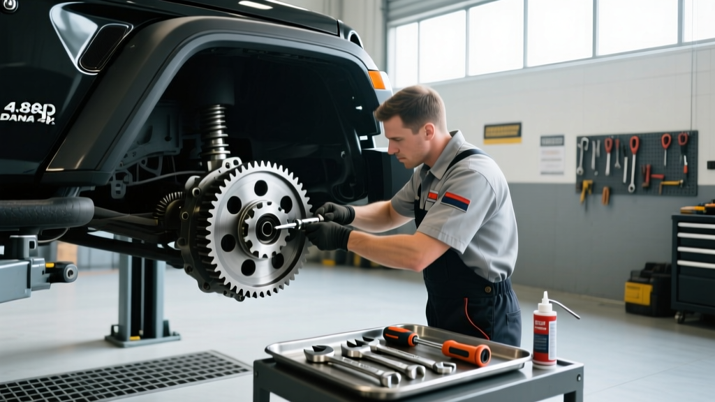 Mechanic installing a 4.88 ring and pinion gear set into a Jeep Wrangler JL Dana 44 rear axle housing on a hydraulic lift