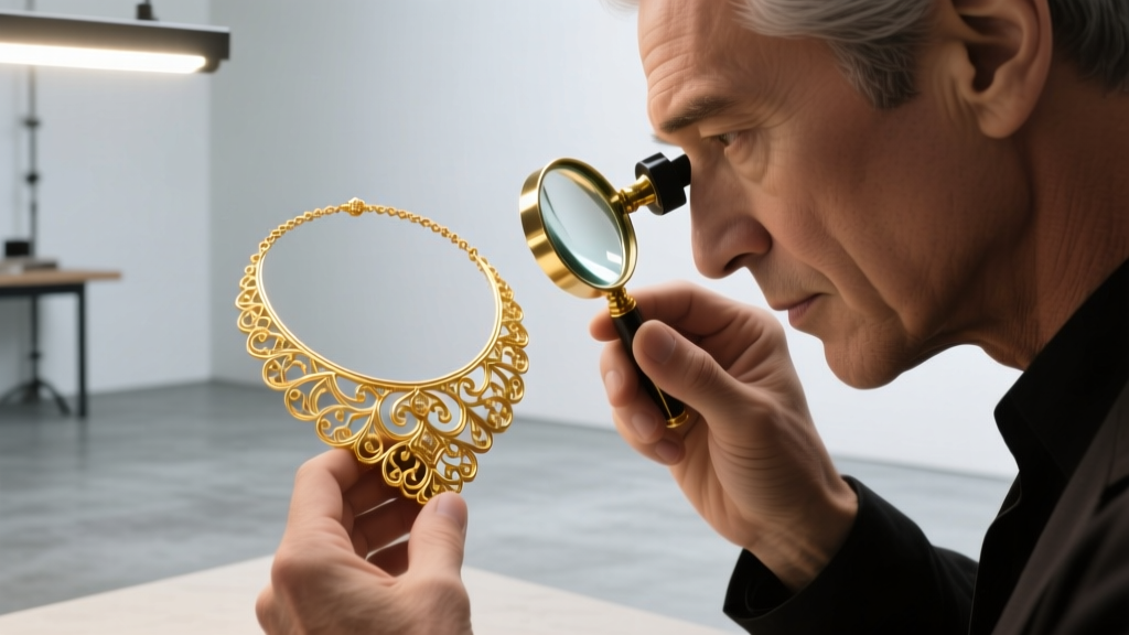 Professional jeweler examining a delicate 22k gold antique necklace with a loupe under bright LED lighting in a modern workshop