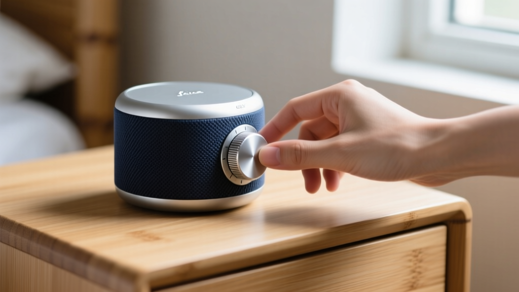 Close-up of a hand turning the tactile, fabric-wrapped aluminum dial on a smart sleep assistant resting on a minimalist bamboo nightstand.