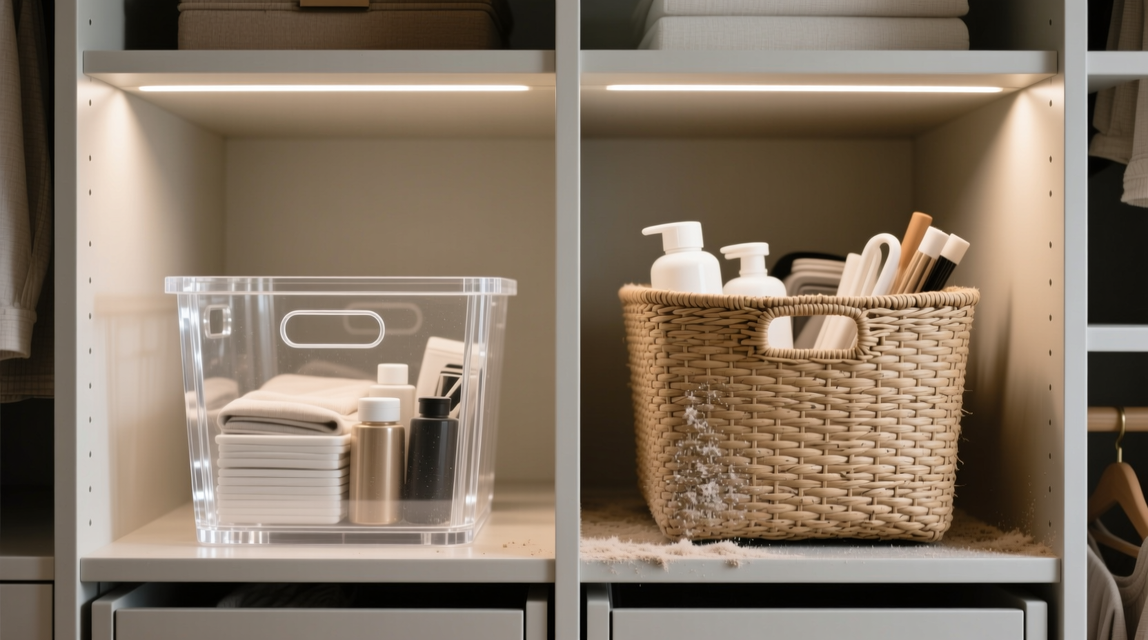 closet organization tips acrylic vs seagrass dust resistance