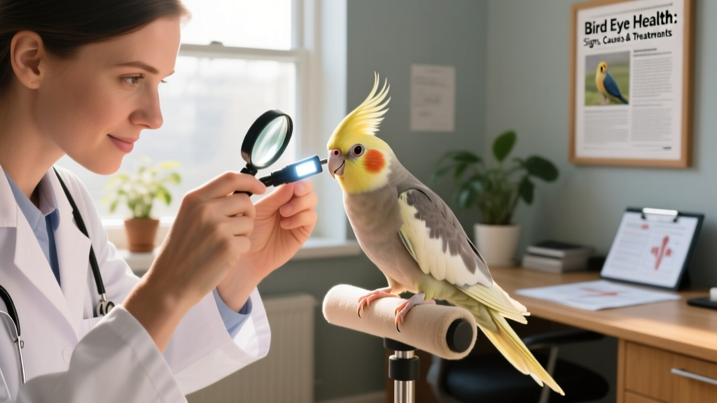 Veterinarian gently examining a cockatiel's eye with magnification tools