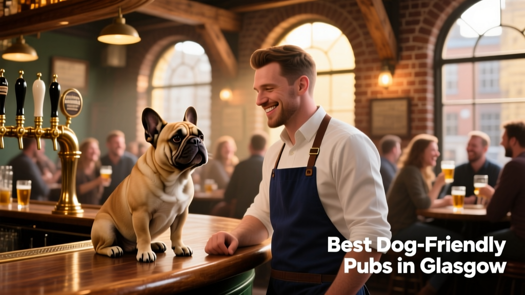 A French bulldog sitting calmly beside a barman at a lively Glasgow pub