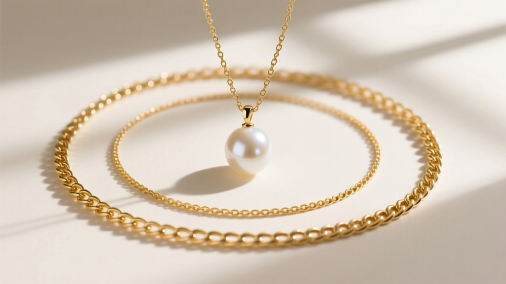 Flat lay photo of three layered gold chains of varying lengths, with the middle chain holding a luminous white pearl pendant.