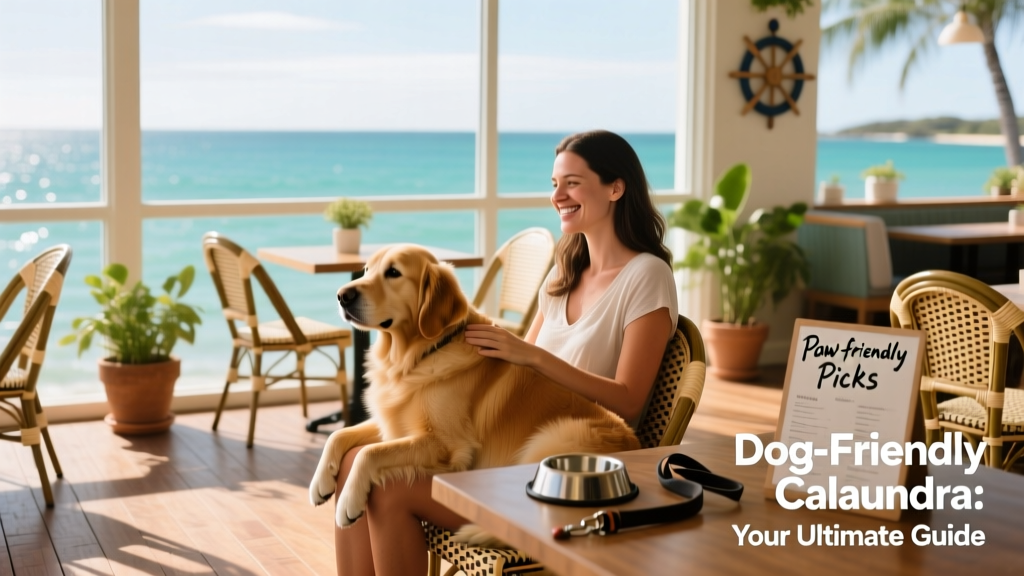 A dog resting comfortably on a woman's lap inside a cozy, dog-friendly restaurant with ocean views