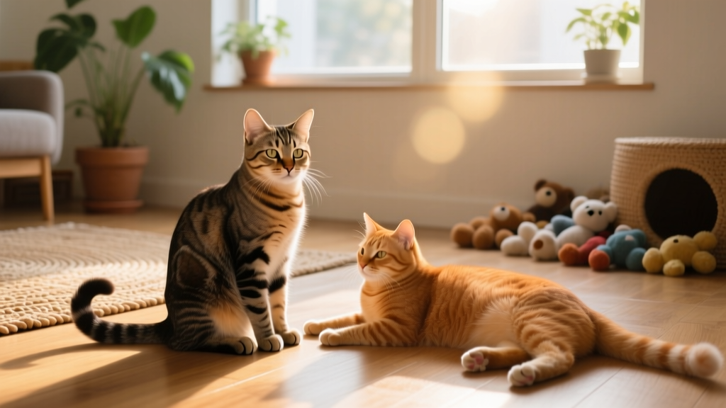 A calm, confident cat sitting upright beside a relaxed companion, both facing the same direction with soft eyes and loose postures