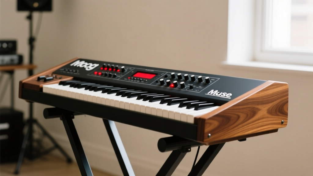 Side profile of the Moog Muse 16-voice analog polyphonic synthesizer resting on a heavy-duty dual-tier keyboard stand