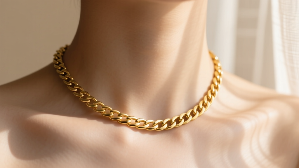 Close-up of an 18k gold herringbone chain necklace laying perfectly flat against a collarbone in soft natural sunlight