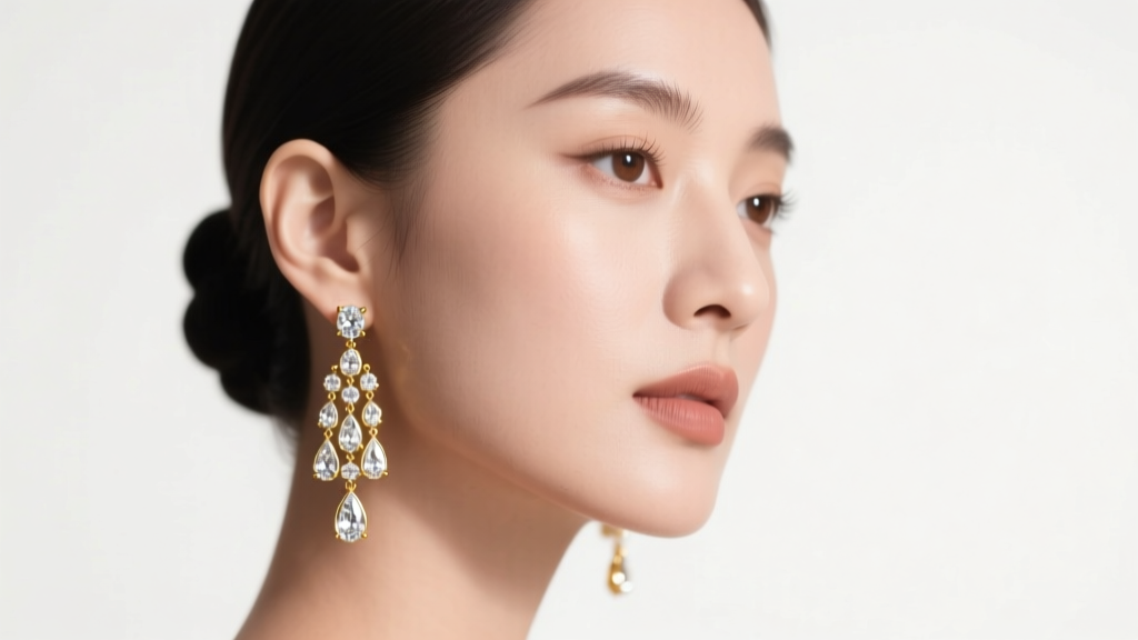 Woman wearing 18k gold chandelier earrings with teardrop diamonds, illuminated by soft studio lighting to highlight her features