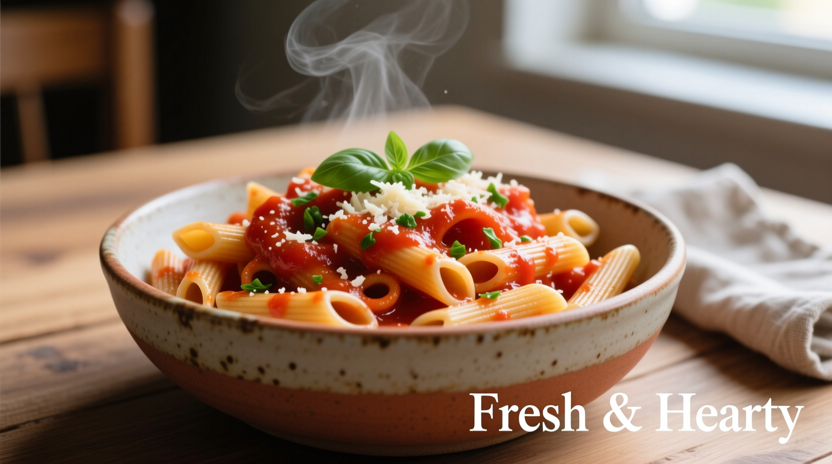 Freshly cooked penne with vibrant tomato sauce in a ceramic bowl