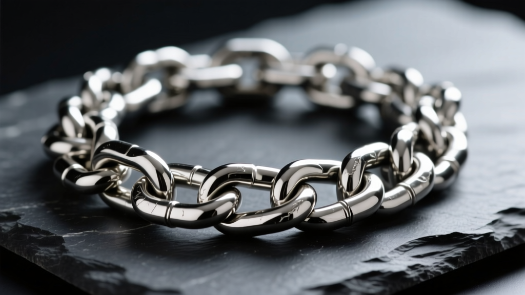 Macro shot of a heavy stainless steel cuban link chain on dark slate, emphasizing dense, polished metal links and visual weight.