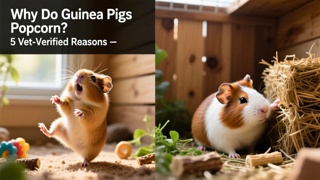 A side-by-side comparison: one guinea pig happily popcorning in a sunlit corner of its enclosure, and another peacefully grooming beside a hay rack—illustrating balanced, content behavior