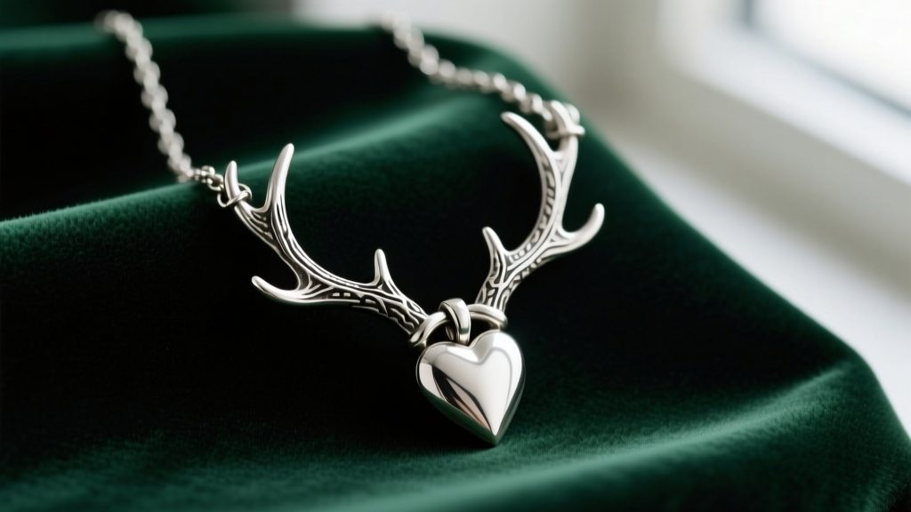 Oxidized sterling silver hart charm necklace on dark green velvet, highlighting intricate antler details and a sturdy chain.