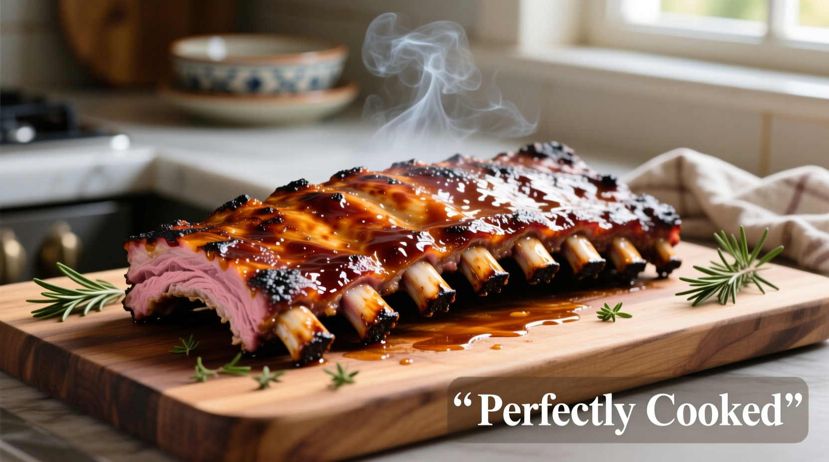 Perfectly cooked rack of ribs on cutting board