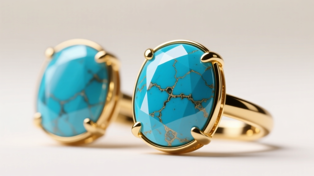 Macro view of Persian turquoise studs in 18k gold bezels, showing deep blue color with no matrix, under soft studio lighting.