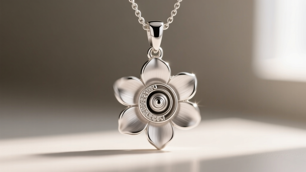 Macro shot of a sterling silver spinning flower necklace pendant showing the friction bezel and rotating floral faceplate