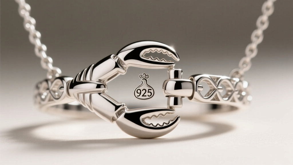 Macro photography of a sterling silver Cinderella necklace clasp showing the 925 hallmark and a secure lobster claw mechanism