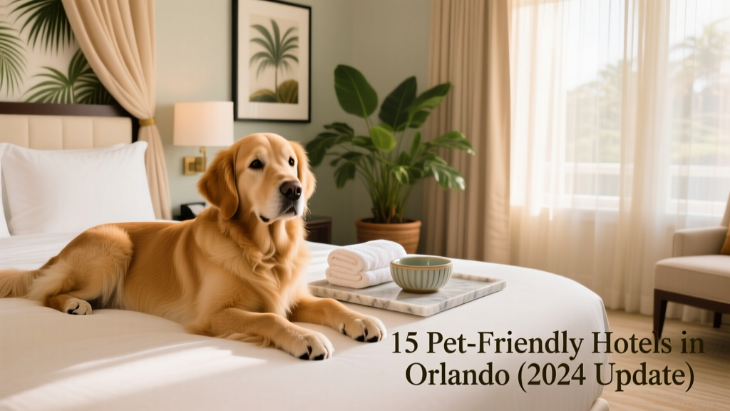 A golden retriever relaxing on a plush hotel bed beside a folded towel and water bowl