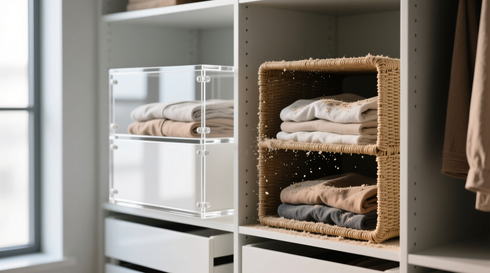 closet organization tips acrylic vs seagrass dust control