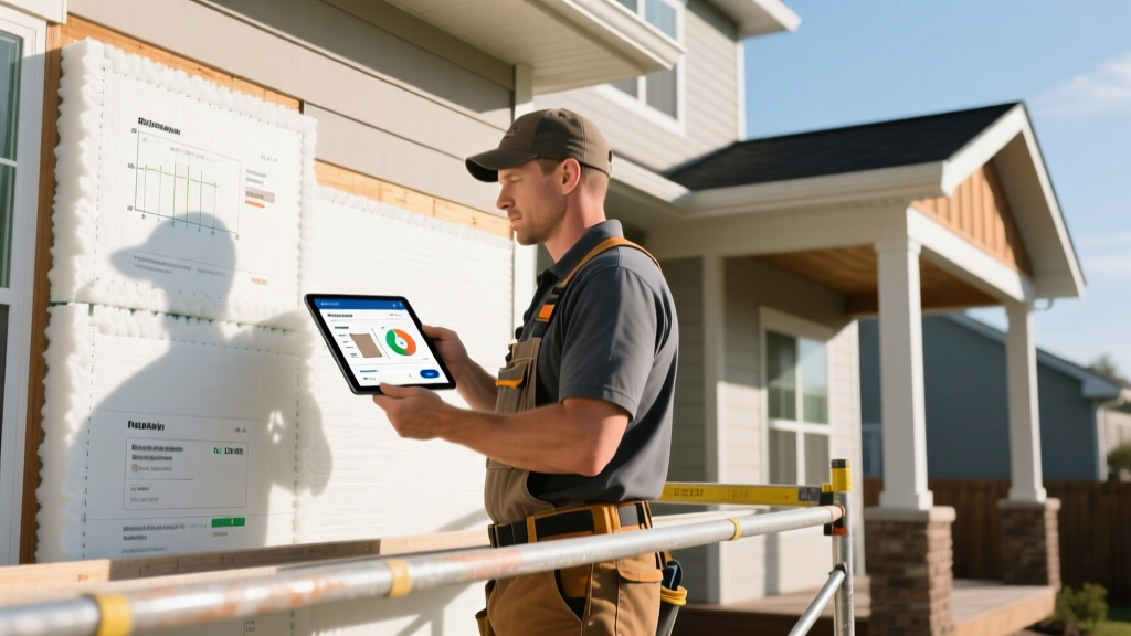 Contractor using a tablet siding material estimator app while inspecting rigid foam continuous insulation on a residential exterior