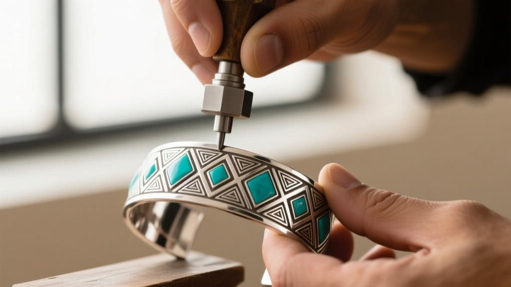 Artisan hands using a steel stamp to create geometric patterns on a heavy sterling silver cuff bracelet for turquoise inlay.