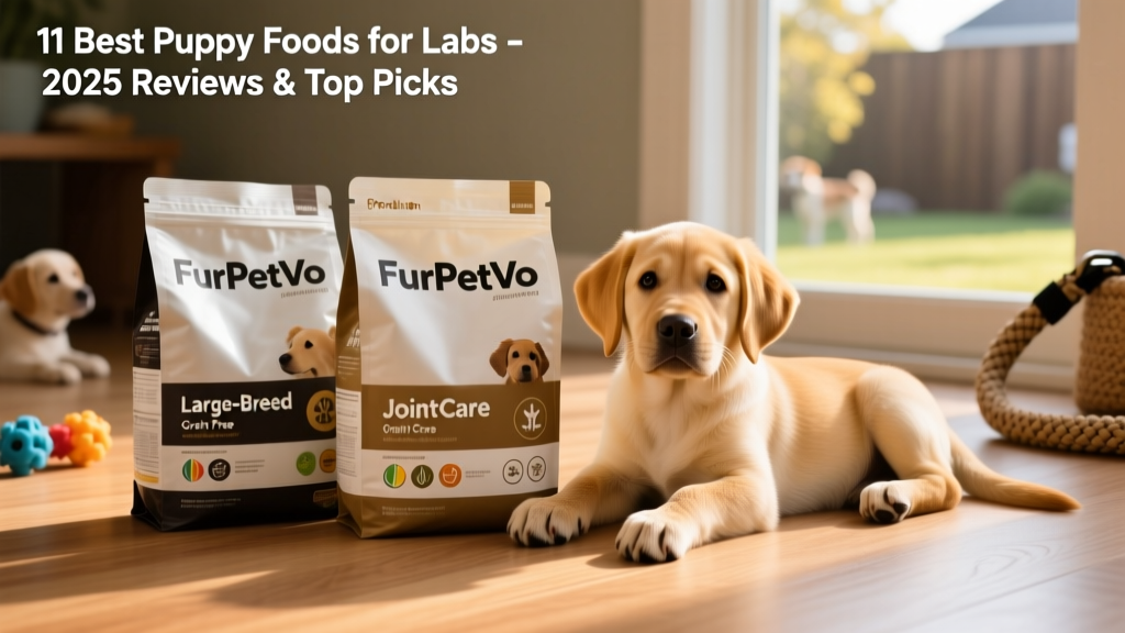 Side-by-side comparison of three FurPetVo puppy food bags labeled 'Large-Breed,' 'Grain-Free,' and 'JointCare' on a clean wooden surface with a Labrador puppy gently resting nearby