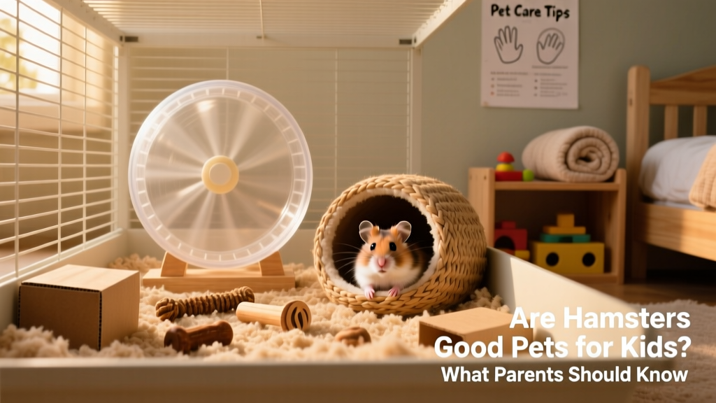 A clean, enriched hamster habitat featuring a running wheel, nesting box, chew toys, and fresh bedding—all arranged thoughtfully