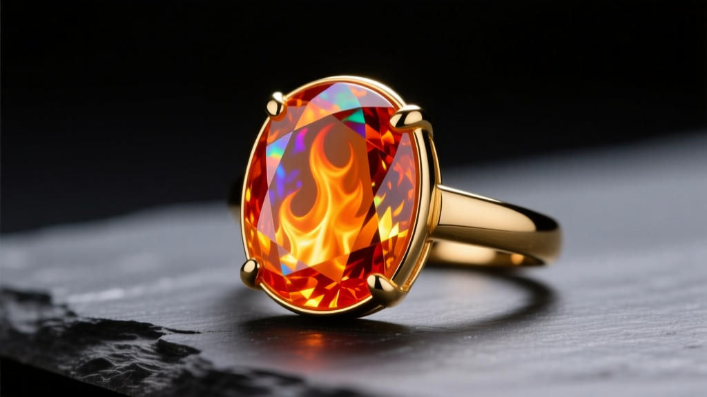 Macro shot of a vibrant orange Mexican fire opal cabochon in a 14k gold bezel ring on dark slate, studio lighting.