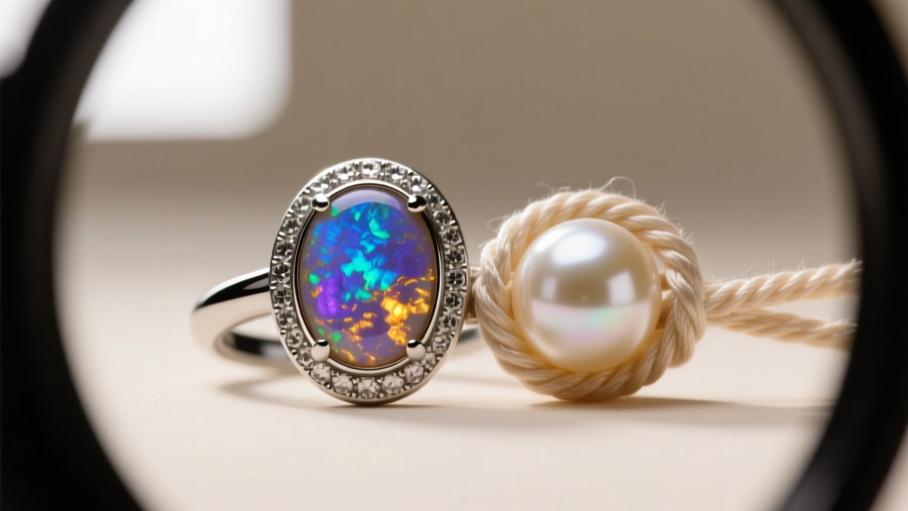 Loupe view of bezel-set Welo opal beside knot-tied pearl showing secure metal rims and silk thread details