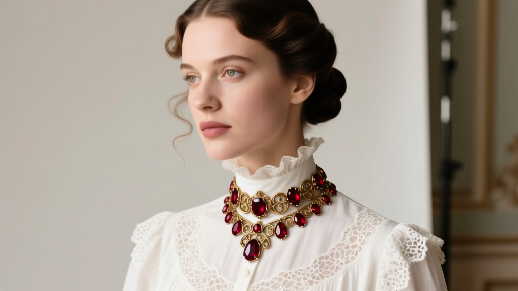 Fashion editorial portrait of a woman wearing a heavy Austro Hungarian garnet choker over a crisp white Victorian-collar blouse
