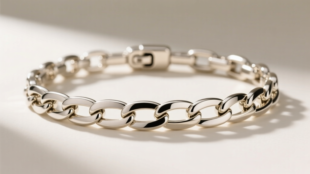Close-up of a 14k white gold modular chain necklace with a hidden magnetic clasp, highlighting seamless interlocking metal links