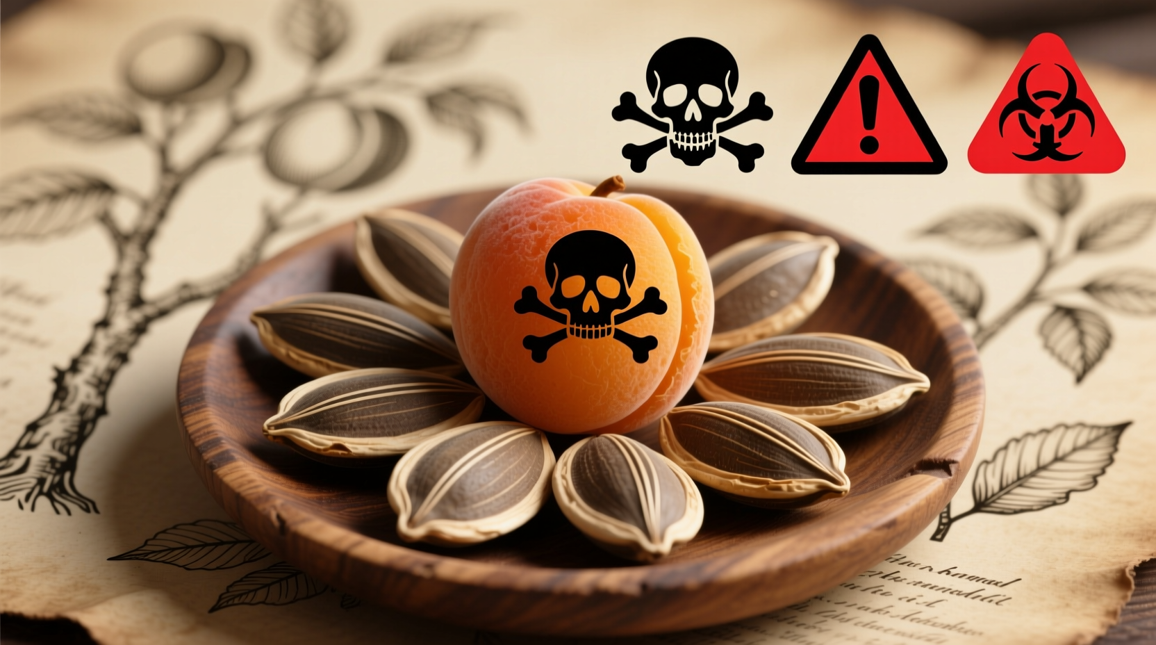 Apricot seeds with safety warning symbols