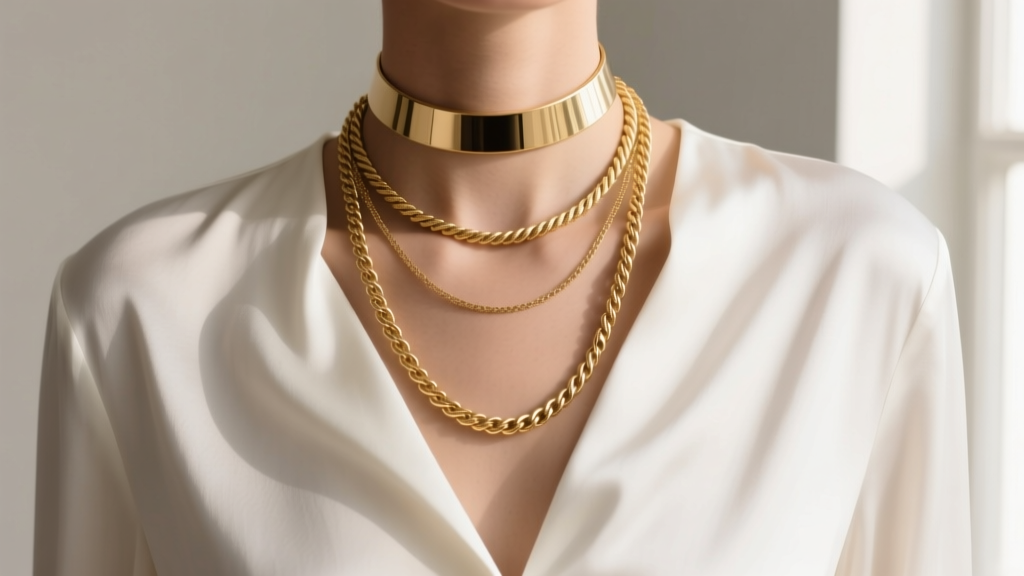 Editorial shot showing a gold Vesper lariat necklace layered with a 14-inch choker and 20-inch rope chain over a white blouse.
