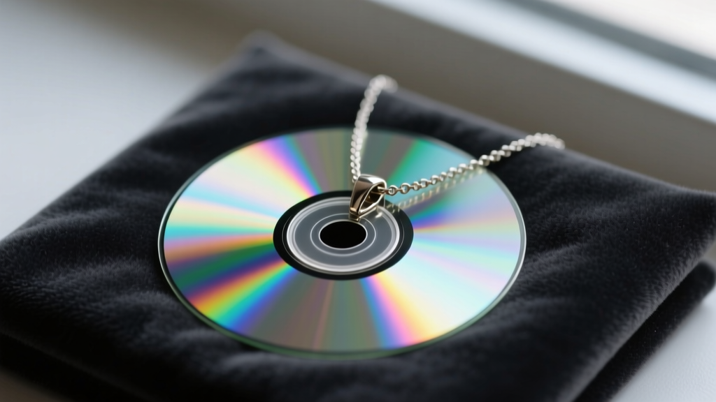 Close-up of a handmade compact disc necklace pendant displaying vibrant rainbow iridescence on a dark charcoal velvet pad.