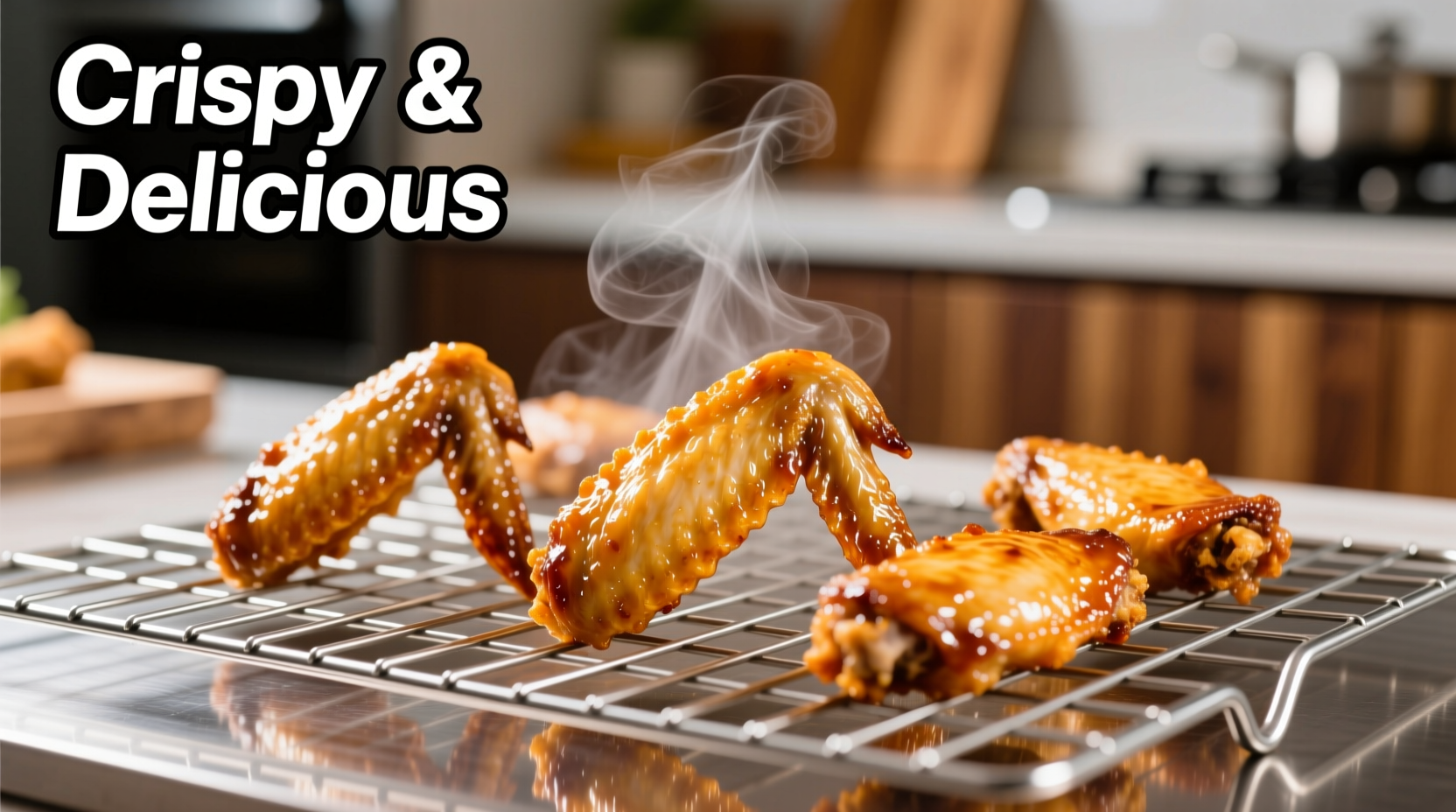 Crispy golden chicken wings on wire rack