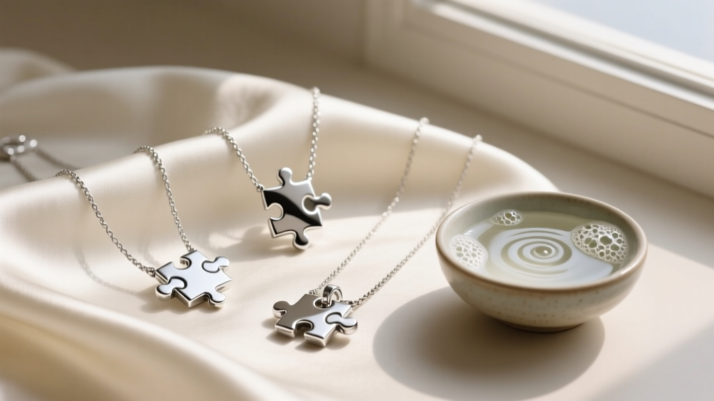 Three sterling silver puzzle necklaces on a soft cloth next to a small bowl of mild soapy water, ready for gentle daily cleaning.