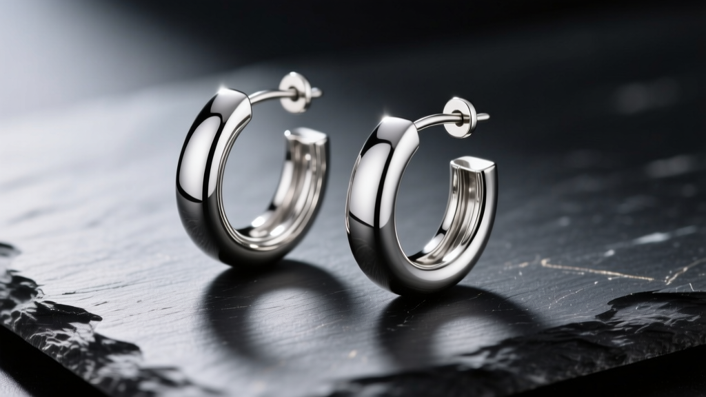 Polished surgical steel 316l hoop earrings resting on dark slate, reflecting soft studio lighting with sharp metal highlights.