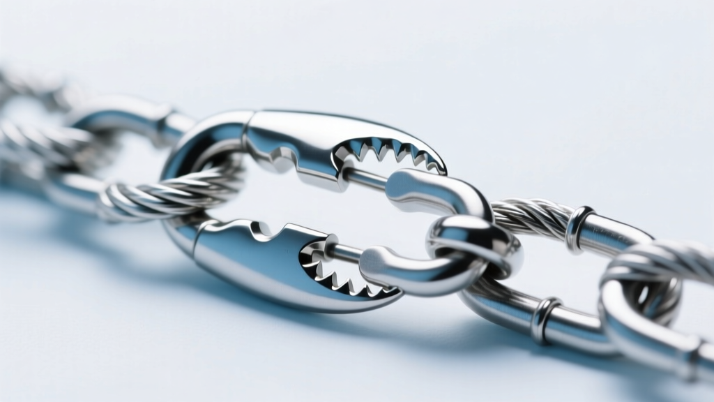 Macro shot of a 3mm 316L stainless steel rope chain clasp, showing a secure lobster mechanism and polished metal links.