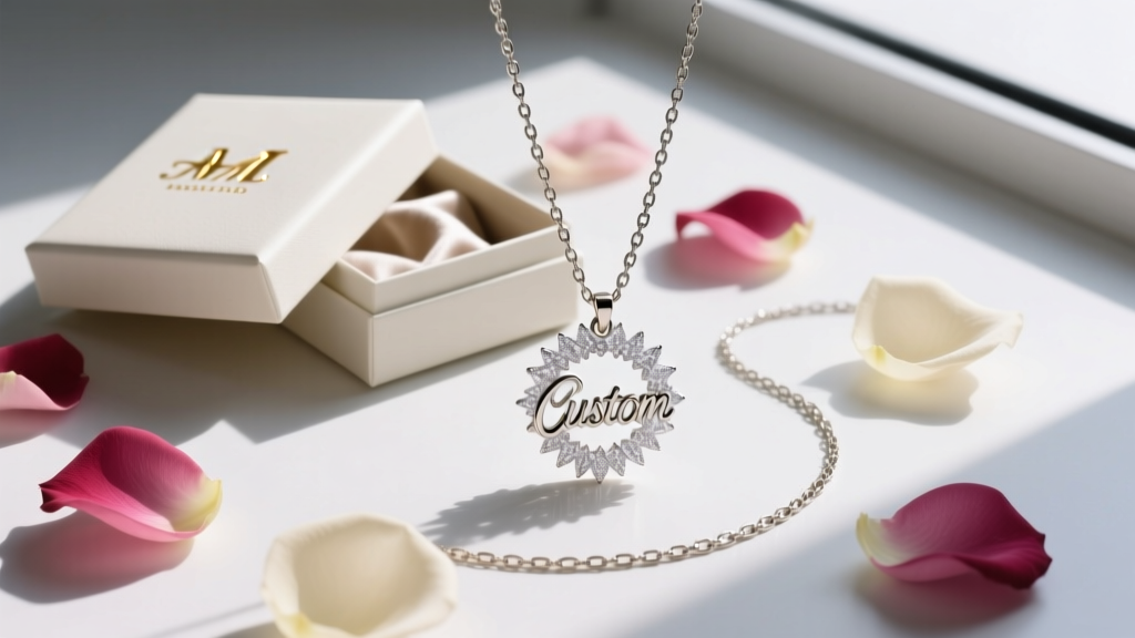Overhead flat-lay of an iced custom name pendant on a 10mm Franco chain surrounded by a luxury gift box and scattered rose petals