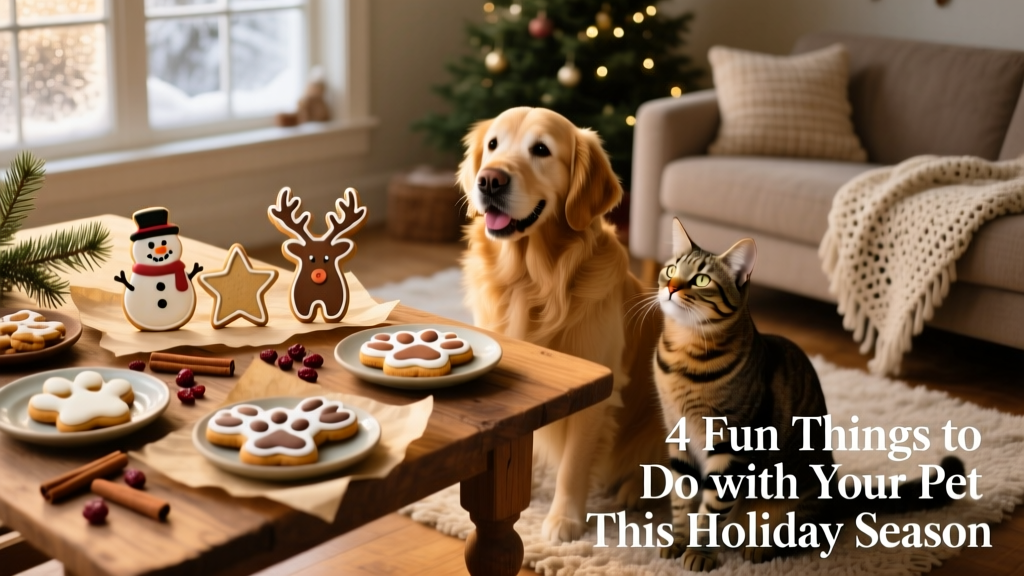 A wooden table with assorted holiday cookies for people and pets side by side, including festive shapes and paw-print designs