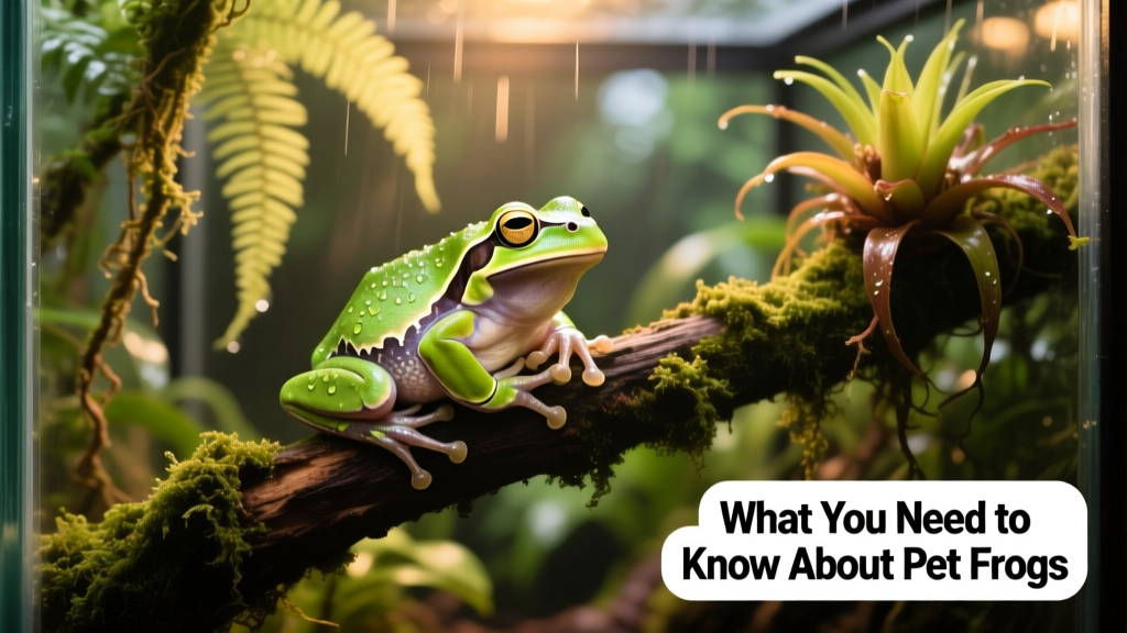 A healthy, vibrant captive-bred White’s tree frog perched on mossy bark in a well-planted terrarium