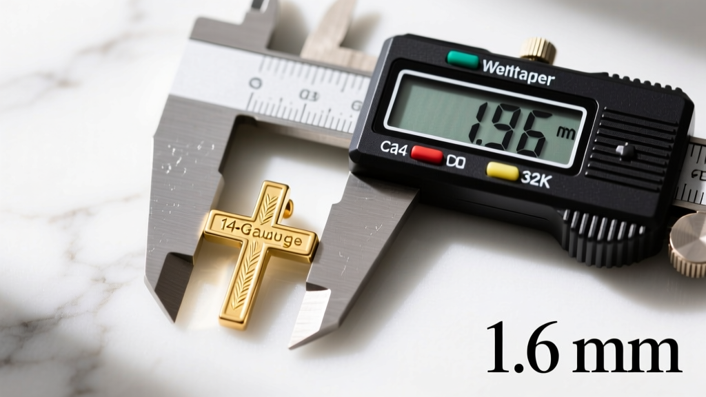 Top-down view of a digital caliper measuring a 14-gauge gold cross earring post, displaying exactly 1.6 millimeters in thickness.