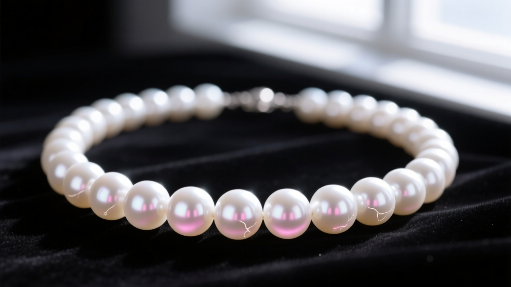 Macro shot of a luminous white Akoya pearl necklace on black velvet, highlighting sharp surface luster and subtle pink orient.