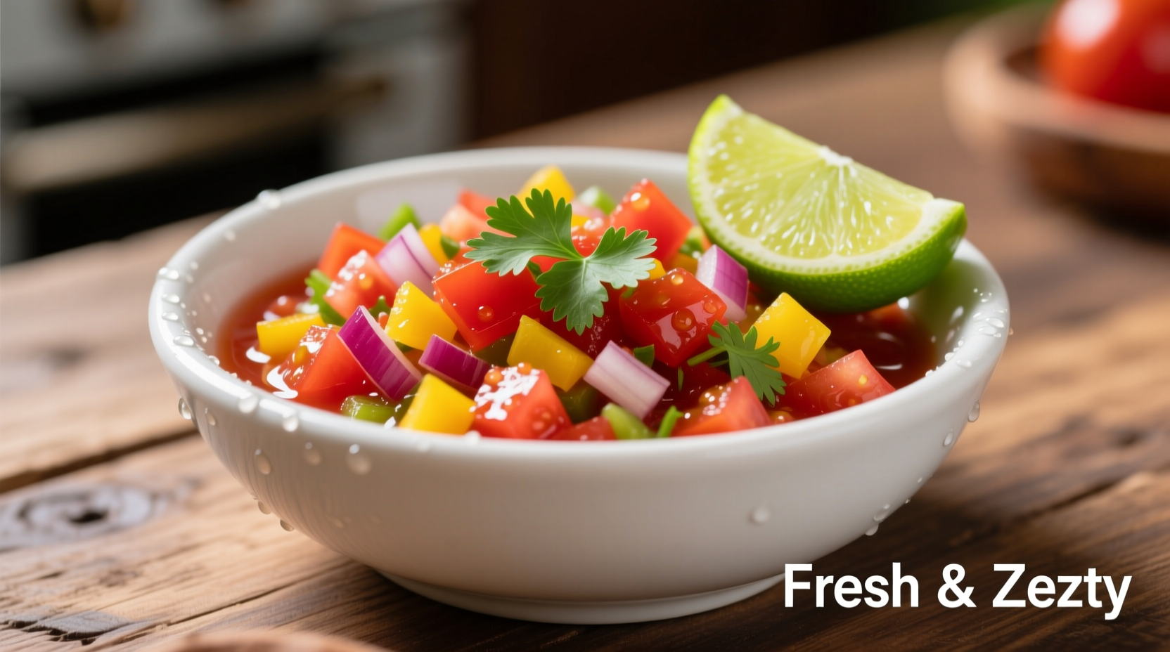 Fresh tomato salsa in white bowl with lime wedge