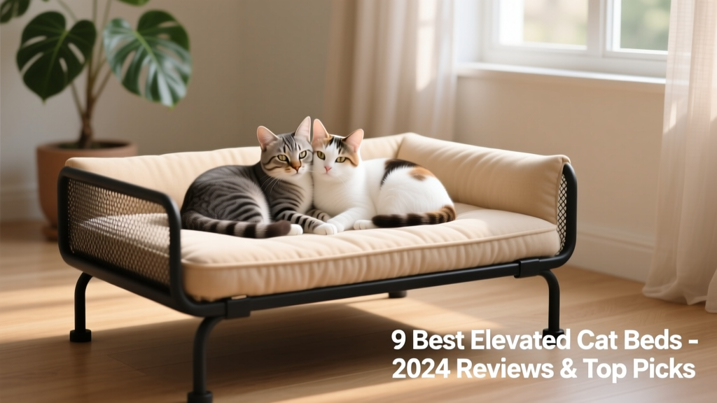 Two cats curled up together in a spacious elevated bed with breathable mesh sides and a plush memory foam insert