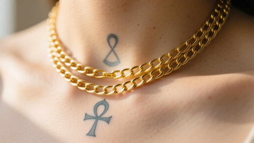 A real 14k yellow gold box chain layered one inch below a faded minimalist ankh necklace tattoo on the wearer's neckline