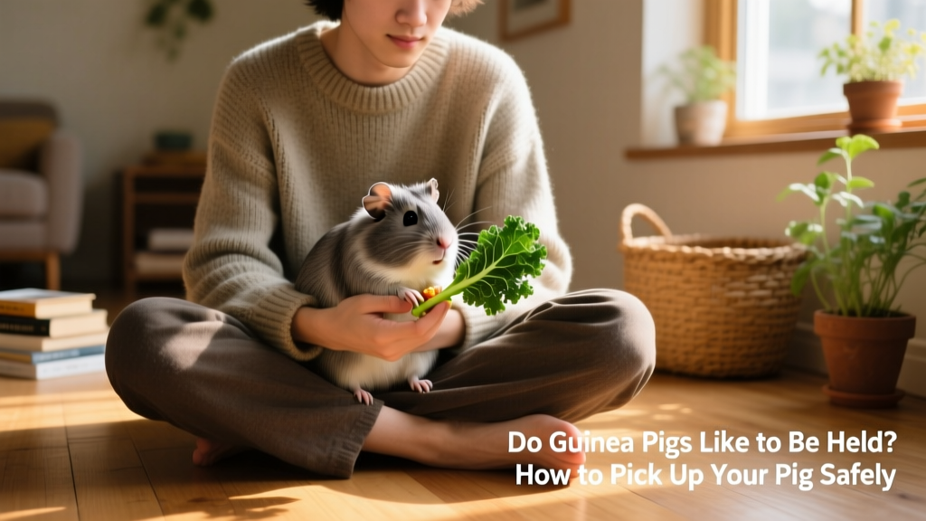Person sitting on the floor with a guinea pig resting calmly on their lap, offering a small piece of green vegetable