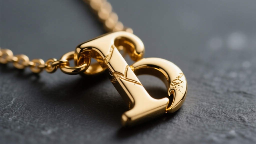 Macro shot of a gold vermeil initial necklace lobster clasp showing slight plating wear against a dark slate background.