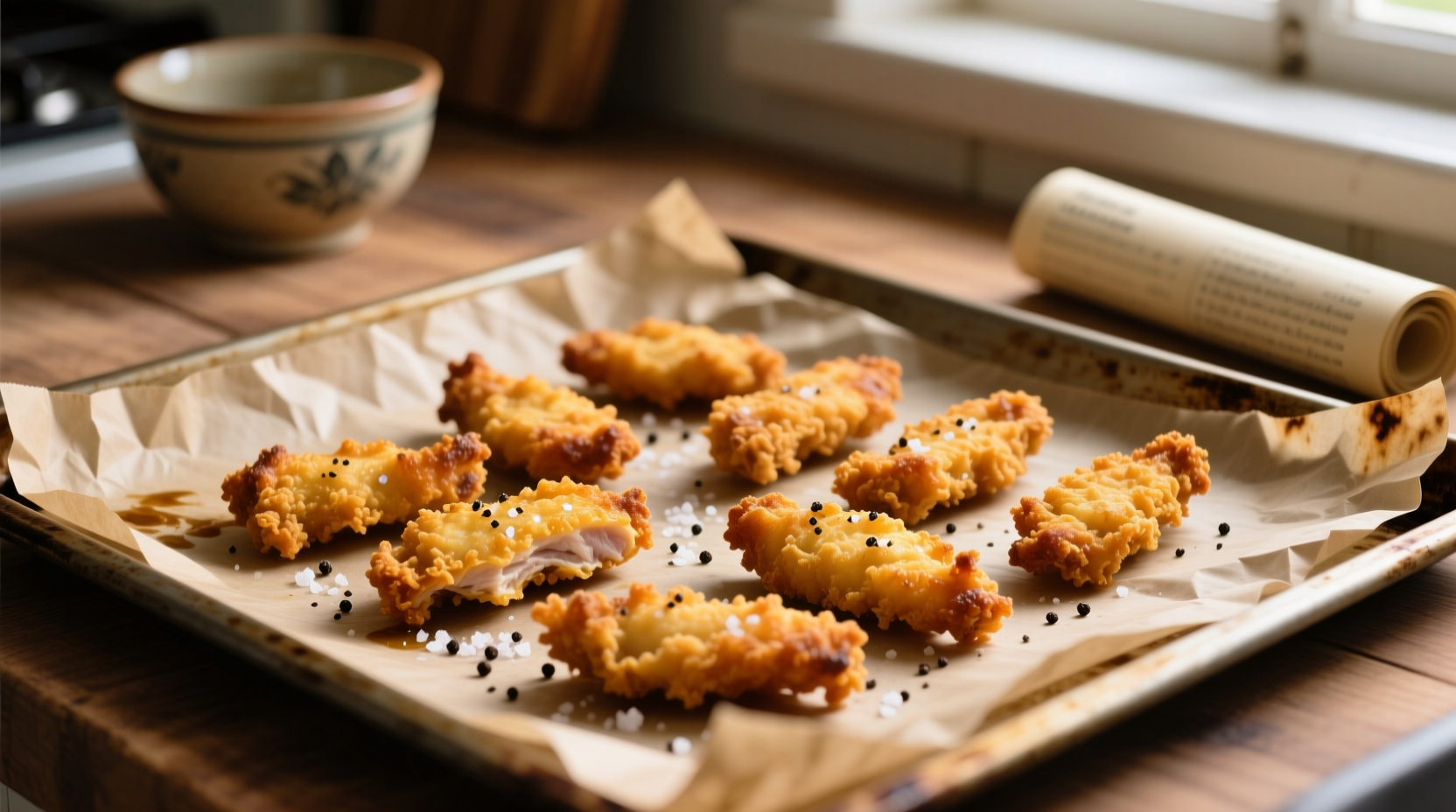 Crispy golden chicken strips on parchment-lined baking sheet