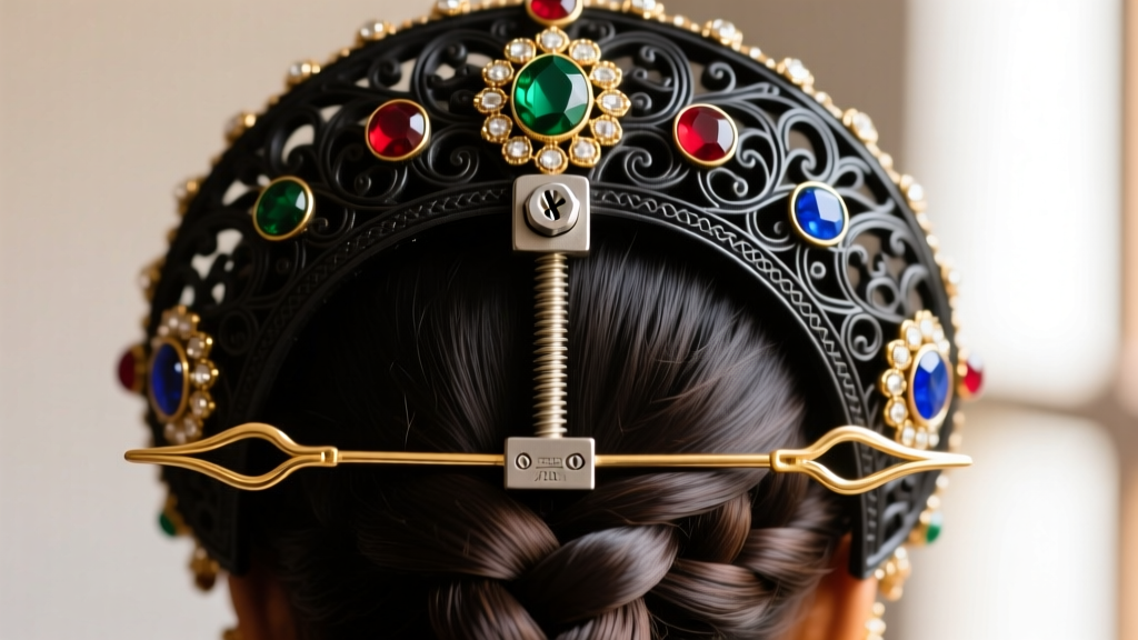 Close-up of the back of a heavy Indian Jhoomar headpiece showing a secure screw-in clasp mechanism and supportive hairpin loops.